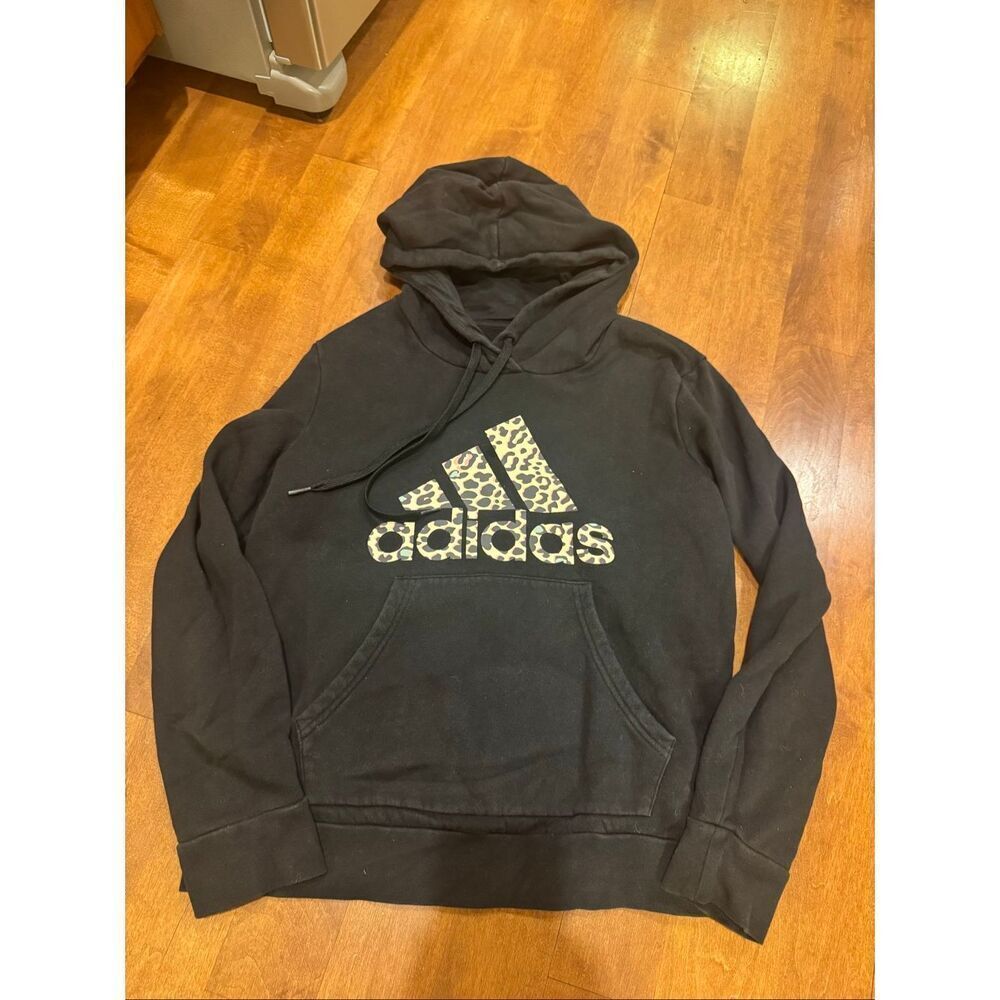 Adidas Womens Black Hoodie Leopard Logo Pullover Sweatshirt Size Medium